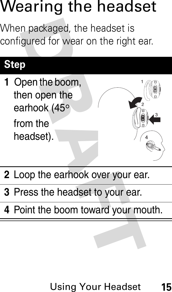 DRAFT Using Your Headset15Wearing the headsetWhen packaged, the headset is configured for wear on the right ear.Step1Open the boom, then open the earhook (45° from the headset).2Loop the earhook over your ear.3Press the headset to your ear.4Point the boom toward your mouth.