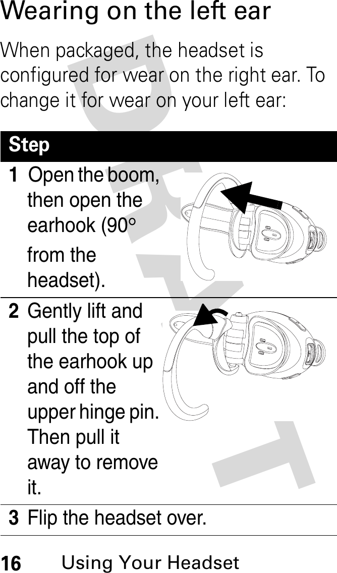 DRAFT 16Using Your HeadsetWearing on the left earWhen packaged, the headset is configured for wear on the right ear. To change it for wear on your left ear:Step1Open the boom, then open the earhook (90° from the headset).2Gently lift and pull the top of the earhook up and off the upper hinge pin. Then pull it away to remove it.3Flip the headset over.