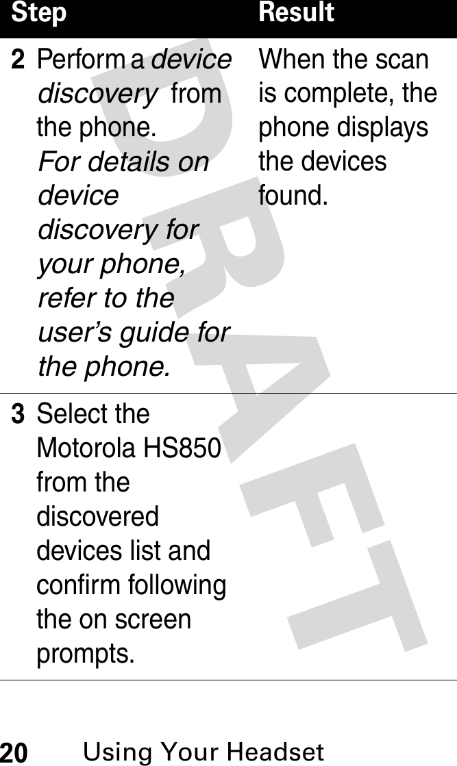 DRAFT 20Using Your Headset2Perform a device discovery from the phone. For details on device discovery for your phone, refer to the user’s guide for the phone.When the scan is complete, the phone displays the devices found.3Select the Motorola HS850 from the discovered devices list and confirm following the on screen prompts.Step Result