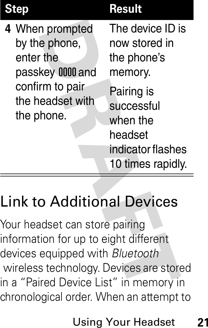 DRAFT Using Your Headset21Link to Additional DevicesYour headset can store pairing information for up to eight different devices equipped with Bluetooth wireless technology. Devices are stored in a “Paired Device List” in memory in chronological order. When an attempt to 4When prompted by the phone, enter the passkey 0000 and confirm to pair the headset with the phone.The device ID is now stored in the phone’s memory.Pairing is successful when the headset indicator flashes 10 times rapidly.Step Result