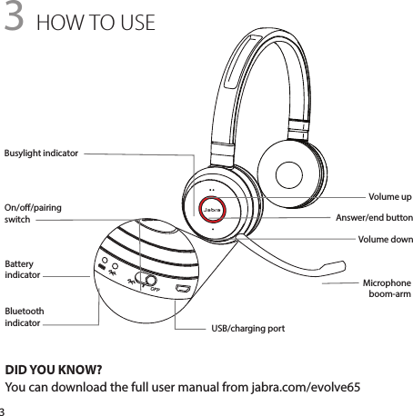 33 HOW TO USEDID YOU KNOW?You can download the full user manual from jabra.com/evolve65Busylight indicatorBattery indicatorBluetooth indicator USB/charging portOn/o/pairing switchMicrophone  boom-arm Volume upVolume downAnswer/end button
