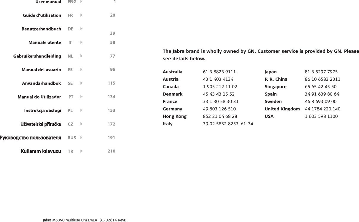                  20     39   T    58      77      96         T    134        153      172      191    Australia  61 3 8823 9111Austria  43 1 403 4134Canada  1 905 212 11 02Denmark  45 43 43 15 52France  33 1 30 58 30 31Germany  49 803 126 510Hong Kong  852 21 04 68 28Italy  39 02 5832 8253-61-74Japan  81 3 5297 7975P. R. China  86 10 6583 2311Singapore  65 65 42 45 50Spain  34 91 639 80 64Sweden  46 8 693 09 00United Kingdom  44 1784 220 140USA  1 603 598 1100The Jabra brand is wholly owned by GN. Customer service is provided by GN. Please see details below.Jabra M5390 Multiuse UM EMEA: 81-02614 RevB115210