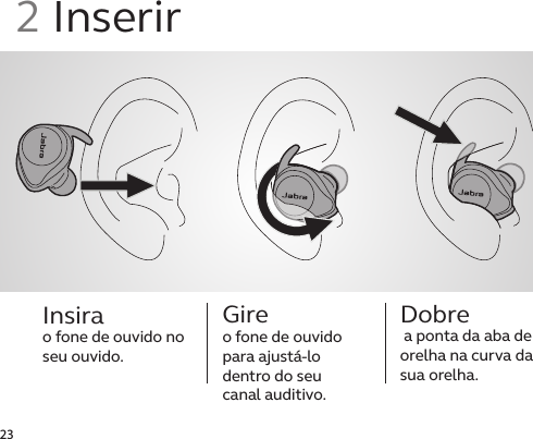 23Insira  o fone de ouvido no seu ouvido.Gire o fone de ouvido para ajustá-lo dentro do seucanal auditivo.Dobre a ponta da aba de orelha na curva da sua orelha.2 Inserir