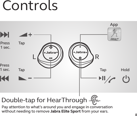 8ControlsLDouble-tap for HearThroughPay attention to what’s around you and engage in conversation  without needing to remove Jabra Elite Sport from your ears.Low battery? 20 min charge is  1 hour of musicRTap HoldPress  1 sec.TapPress  1 sec. TapApp 