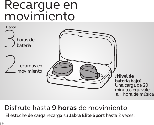 192 Recargue en movimiento3 Disfrute hasta 9 horas de movimientohoras de batería recargas en movimientoHastaEl estuche de carga recarga su Jabra Elite Sport hasta 2 veces.¿Nivel de batería bajo? Una carga de 20 minutos equivale a 1 hora de música