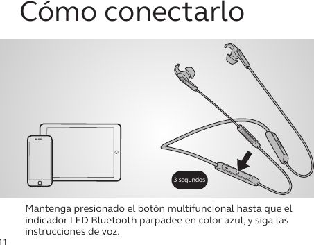 11Cómo conectarloMantenga presionado el botón multifuncional hasta que el indicador LED Bluetooth parpadee en color azul, y siga las instrucciones de voz.jabrajabrajabra3 segundos