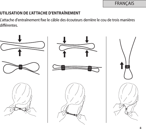 8FRANÇAISUTILISATION DE L&apos;ATTACHE D&apos;ENTRAÎNEMENTL&apos;attache d&apos;entraînement xe le câble des écouteurs derrière le cou de trois manières diérentes.