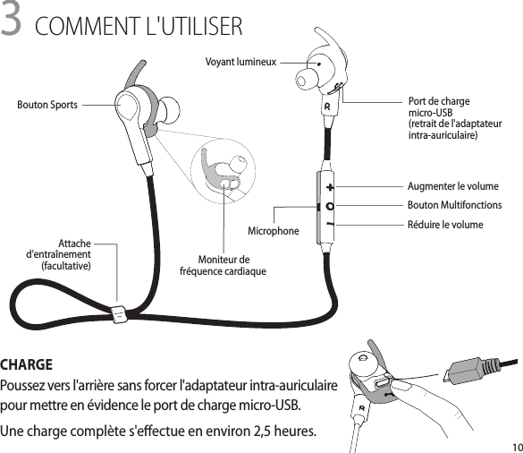 103 COMMENT L&apos;UTILISERCHARGEPoussez vers l&apos;arrière sans forcer l&apos;adaptateur intra-auriculaire pour mettre en évidence le port de charge micro-USB.Une charge complète s&apos;eectue en environ 2,5 heures.Augmenter le volumeBouton MultifonctionsRéduire le volumeVoyant lumineuxMoniteur de fréquence cardiaqueAttache d&apos;entraînement (facultative)Port de charge micro-USB  (retrait de l&apos;adaptateur intra-auriculaire)Bouton SportsMicrophone