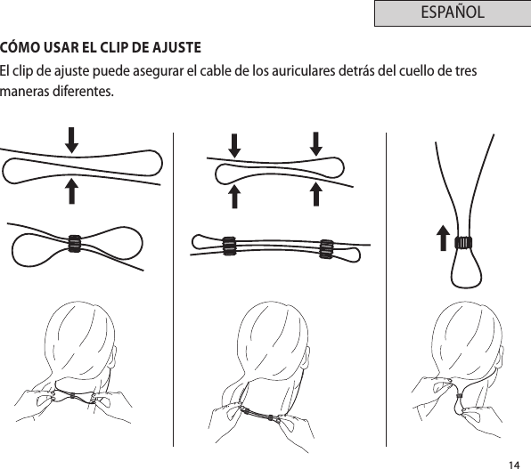 14ESPAÑOLCÓMO USAR EL CLIP DE AJUSTEEl clip de ajuste puede asegurar el cable de los auriculares detrás del cuello de tres maneras diferentes.