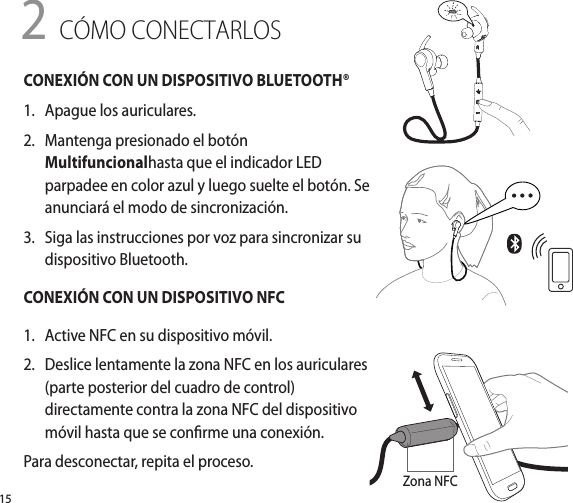 15CONEXIÓN CON UN DISPOSITIVO BLUETOOTH®1.   Apague los auriculares.2.   Mantenga presionado el botón Multifuncionalhasta que el indicador LED parpadee en color azul y luego suelte el botón. Se anunciará el modo de sincronización.3.   Siga las instrucciones por voz para sincronizar su dispositivo Bluetooth.CONEXIÓN CON UN DISPOSITIVO NFC1.   Active NFC en su dispositivo móvil.2.   Deslice lentamente la zona NFC en los auriculares (parte posterior del cuadro de control) directamente contra la zona NFC del dispositivo móvil hasta que se conrme una conexión.Para desconectar, repita el proceso.2 CÓMO CONECTARLOSZona NFC