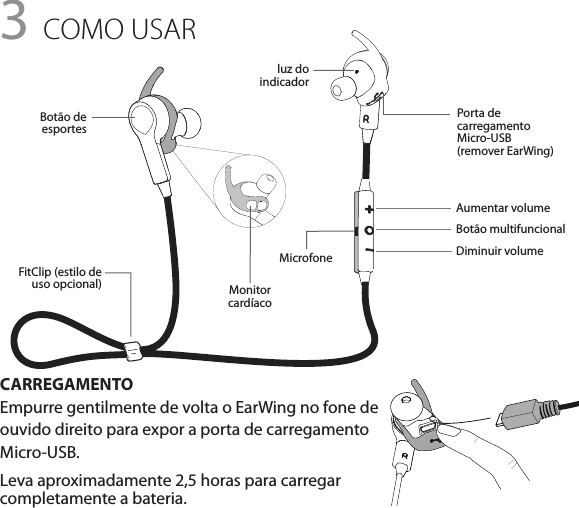 3 COMO USARCARREGAMENTOEmpurre gentilmente de volta o EarWing no fone de ouvido direito para expor a porta de carregamento Micro-USB.Leva aproximadamente 2,5 horas para carregar completamente a bateria.Aumentar volumeBotão multifuncionalDiminuir volumeluz do indicadorMonitor cardíacoFitClip (estilo de uso opcional)Porta de carregamento Micro-USB  (remover EarWing)Botão de esportesMicrofone