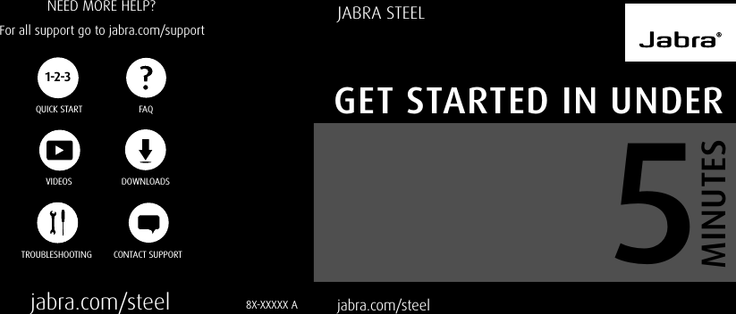   jabra.com/steelGET STARTED IN UNDERMINUTES5JABRA STEEL8X-XXXXX ANEED MORE HELP?For all support go to jabra.com/supportjabra.com/steelQUICK STARTDOWNLOADSCONTACT SUPPORTTROUBLESHOOTINGFAQVIDEOS1-2-3