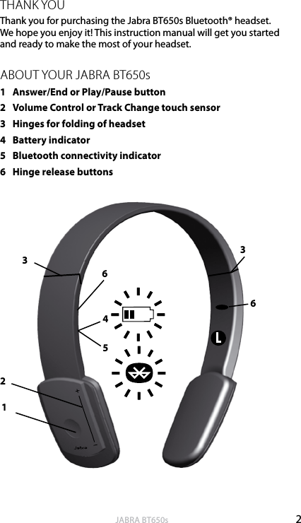 2englishJABRA BT650sTHANK YOUThank you for purchasing the Jabra BT650s Bluetooth® headset. We hope you enjoy it! This instruction manual will get you started and ready to make the most of your headset.ABOUT YOUR JABRA BT650s1  Answer/End or Play/Pause button2  Volume Control or Track Change touch sensor3  Hinges for folding of headset4  Battery indicator5  Bluetooth connectivity indicator6  Hinge release buttons2L1345366