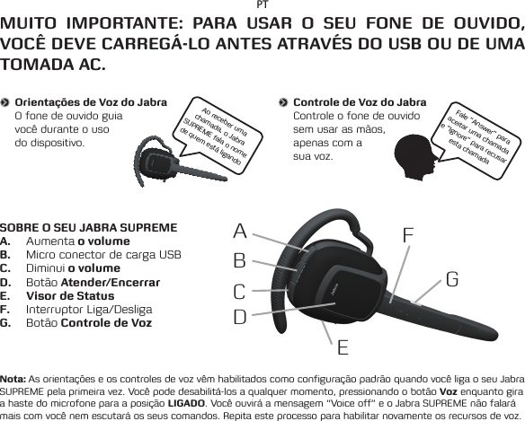 ABCDEFGPTMUITO IMPORTANTE: PARA USAR O SEU FONE DE OUVIDO, VOCÊ DEVE CARREGÁ-LO ANTES ATRAVÉS DO USB OU DE UMA TOMADA AC.SOBRE O SEU JABRA SUPREMEA.  Aumenta o volumeB.  Micro conector de carga USBC.  Diminui o volumeD.  Botão Atender/EncerrarE.  Visor de StatusF.  Interruptor Liga/DesligaG.  Botão Controle de VozNota: As orientações e os controles de voz vêm habilitados como configuração padrão quando você liga o seu Jabra SUPREME pela primeira vez. Você pode desabilitá-los a qualquer momento, pressionando o botão Voz enquanto gira a haste do microfone para a posição LIGADO. Você ouvirá a mensagem “Voice off” e o Jabra SUPREME não falará mais com você nem escutará os seus comandos. Repita este processo para habilitar novamente os recursos de voz.Orientações de Voz do JabraO fone de ouvido guia  você durante o uso  do dispositivo.Ao receber uma chamada, o Jabra SUPREME fala o nome de quem está ligandoControle de Voz do JabraControle o fone de ouvido sem usar as mãos, apenas com a  sua voz.Fale “Answer” para aceitar uma chamada e “Ignore” para recusar esta chamada