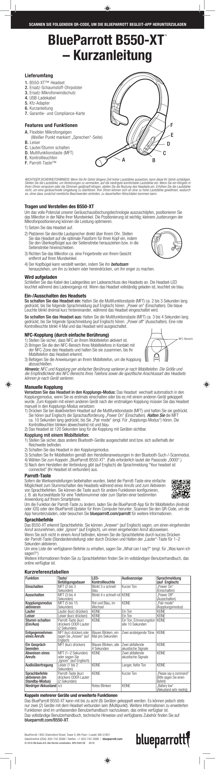 Guide de démarrage rapide  BlueParrott B550-XTTMBlueParrott B550-XTTM  – KurzanleitungTragen und Verstellen des B550-XTUm das volle Potenzial unserer Geräuschauslöschungstechnologie auszuschöpfen, positionieren Sie das Mikrofon in der Nähe Ihrer Mundwinkel. Die Positionierung ist wichtig; kleinere Justierungen der Mikrofonpositionierung können die Leistung optimieren.1)  Setzen Sie das Headset auf.2)  Platzieren Sie den/die Lautsprecher direkt über Ihrem Ohr. Stellen Sie das Headset auf die optimale Passform für Ihren Kopf ein, indem Sie den Überkopfbügel aus der Seitenstrebe herausziehen bzw. in die Seitenstrebe hineinschieben.3)  Richten Sie das Mikrofon ca. eine Fingerbreite von Ihrem Gesicht entfernt auf Ihren Mundwinkel.4)  Der Kopfbügel kann verstellt werden, indem Sie ihn behutsam herausziehen, um ihn zu lockern oder hereindrücken, um ihn enger zu machen.Wird aufgeladen  Schließen Sie das Kabel des Ladegerätes am Ladeanschluss des Headsets an. Die Headset-LED leuchtet während des Ladevorgangs rot. Wenn das Headset vollständig geladen ist, leuchtet sie blau.    Ein-/Ausschalten des Headsets So schalten Sie das Headset ein: Halten Sie die Multifunktionstaste (MFT) ca. 2 bis 3 Sekunden lang gedrückt, bis Sie folgende Sprachmeldung (auf Englisch) hören: „Power on“ (Einschalten). Die blaue Leuchte blinkt dreimal kurz hintereinander, während das Headset eingeschaltet wird.So schalten Sie das Headset aus: Halten Sie die Multifunktionstaste (MFT) ca. 3 bis 4 Sekunden lang gedrückt, bis Sie folgende Sprachmeldung (auf Englisch) hören: „Power off“ (Ausschalten). Eine rote Kontrollleuchte blinkt 4 Mal und das Headset wird ausgeschaltet.NFC-Kopplung (durch einfache Berührung)1) Stellen Sie sicher, dass NFC an Ihrem Mobiltelefon aktiviert ist.2)  Bringen Sie die den NFC-Bereich Ihres Mobiltelefons in Kontakt mit der NFC-Zone des Headsets und halten Sie sie zusammen, bis Ihr Mobiltelefon das Headset erkennt.3)  Befolgen Sie die Anweisungen an Ihrem Mobiltelefon, um die Kopplung abzuschließen.Hinweis: NFC und Kopplung per einfacher Berührung variieren je nach Mobiltelefon. Die Größe und die Empfindlichkeit des NFC-Bereichs Ihres Telefons sowie die spezifische Anschlussart des Headsets können je nach Gerät variieren.Manuelle KopplungVersetzen Sie das Headset in den Kopplungs-Modus: Das Headset  wechselt automatisch in den Kopplungsmodus, wenn Sie es erstmals einschalten oder bis es mit einem anderen Gerät gekoppelt wurde. Zum Koppeln mit einem anderen Gerät nach der erstmaligen Kopplung müssen Sie das Headset manuell in den Kopplungs-Modus versetzen:1)  Drücken Sie bei deaktiviertem Headset auf die Multifunktionstaste (MFT) und halten Sie sie gedrückt. Sie hören (auf Englisch) die Sprachaufforderung „Power On“ (Einschalten). Halten Sie die MFT ca. 10 Sekunden lang gedrückt, bis Sie „Pair mode“ (engl. Für „Kopplungs-Modus“) hören. Die Kontrollleuchten blinken abwechselnd rot und blau. 2) Das Headset ist 120 Sekunden lang für die Kopplung mit Geräten sichtbar.Kopplung mit einem Mobiltelefon:1)  Stellen Sie sicher, dass andere Bluetooth-Geräte ausgeschaltet sind bzw. sich außerhalb der Reichweite befinden.2)  Schalten Sie das Headset in den Kopplungsmodus.3)  Schalten Sie Ihr Mobiltelefon gemäß den Herstelleranweisungen in den Bluetooth-Such-/-Scanmodus.4)  Wählen Sie zum Koppeln „BlueParrott B550-XT“. (Falls erforderlich lautet der Passcode „0000“.) 5)  Nach dem Herstellen der Verbindung gibt (auf Englisch) die Sprachmeldung “Your headset ist connected” (Ihr Headset ist verbunden) aus.Parrott-TasteSofern die Werkseinstellungen beibehalten wurden, bietet die Parrott-Taste eine einfache Möglichkeit zum Stummschalten des Headsets während eines Anrufs und zum Aktivieren von Sprachbefehlen. Sie können die Taste auch für andere Funktionen konfigurieren, z. B. als Kurzwahltaste für eine Telefonnummer oder zum Starten einer bestimmten Anwendung auf Ihrem Smartphone. Um die Funktion der Parrott-Taste zu ändern, laden Sie die BlueParrott-App für Ihr Mobiltelefon (Android oder iOS) oder den BlueParrott Updater für Ihren Computer herunter. Scannen Sie den QR-Code, um die App herunterzuladen, oder besuchen Sie blueparrott.com/parrott für weitere Informationen. SprachbefehleDas B550-XT erkennt Sprachbefehle. Sie können „Answer“ (auf Englisch) sagen, um einen eingehenden Anruf anzunehmen, oder „Ignore“ (auf Englisch), um einen eingehenden Anruf abzuweisen.Wenn Sie sich nicht in einem Anruf befinden, können Sie die Sprachbefehle durch kurzes Drücken der Parrott-Taste (Standardeinstellung) oder durch Drücken und Halten der „Lauter“-Taste für 1–2 Sekunden aktivieren. Um eine Liste der verfügbaren Befehle zu erhalten, sagen Sie „What can I say?“ (engl. für „Was kann ich sagen?“) Weitere Informationen finden Sie zu Sprachbefehlen finden Sie im vollständigen Benutzerhandbuch, das online verfügbar ist. BALAYEZ LE CODE QR CI-DESSOUS POUR TÉLÉCHARGER L’APPLI COMPANION BLUEPARROTTSCANNEN SIE FOLGENDEN QR-CODE, UM DIE BLUEPARROTT BEGLEIT-APP HERUNTERZULADENWICHTIGER SICHERHEITSHINWEIS: Wenn Sie Ihr Gehör längere Zeit hoher Lautstärke aussetzen, kann diese Ihr Gehör schädigen. Stellen Sie die Lautstärke, um Verletzungen zu vermeiden, auf die niedrigste komfortable Lautstärke ein. Wenn Sie ein Klingeln in Ihren Ohren verspüren oder die Stimmen gedämpft klingen, stellen Sie die Nutzung des Headsets ein. Erhöhen Sie die Lautstärke nicht, um eine geräuschvolle Umgebung zu übertönen. Ihre Ohren können sich an eine zu hohe Lautstärke gewöhnen, wodurch es, ohne dass zunächst merkliche Beschwerden eintreten, zu dauerhaften Hörschäden kommen kann.1.  B550-XT™ Headset 2.   Ersatz-Schaumstoff-Ohrpolster3.   Ersatz-Mikrofonwindschutz4.   USB-Ladekabel5.   Kfz-Adapter6.   Kurzanleitung7.  Garantie- und Compliance-KarteFeatures und FunktionenA.  Flexibler Mikrofongalgen  (Weißer Punkt markiert „Sprechen“-Seite)B.   LeiserC.  Lauter/Stumm schaltenD.  Multifunktionstaste (MFT)E.   KontrollleuchtenF.   Parrott-Taste™LieferumfangEADBFCNFC ZoneHold here when flexingheadbandZone CCPNFC-BereichKurzreferenztabellenFunktion Taste/Betätigungsdauer  LED-Kontrollleuchte Audioanzeige  Sprachmeldung  (auf  Englisch) Einschalten  MFT (2 bis 3 Sekunden)  Blinkt 3 x schnell blau Kurzer Ton „Power On“ (Einschalten)Ausschalten MFT (3 bis 4 Sekunden) Blinkt 4 x schnell rot KEINE „Power Off“ (Ausschalten)Kopplungsmodus aktivieren MFT (5 bis 15 Sekunden) Rot und Blau, im Wechsel KEINE „Pair mode“ (Kopplungsmodus)Lauter  Lauter (kurz drücken) KEINE Ein Ton  KEINELeiser  Leiser (kurz drücken) KEINE Ein Ton  KEINEStumm schalten (Ein/Aus)  Parrott-Taste (kurz drücken) ODER Lauter (2 Sekunden)KEINE Ein Ton, Erinnerungston alle 10 Sekunden KEINEEntgegennehmen eines AnrufsMFT (kurz drücken) oder sagen Sie „Answer“ (auf Englisch)Blaues Blinken, ein Mal pro Sekunden Zwei ansteigende Töne  KEINEEin Gespräch beenden  MFT (kurz drücken)  Blaues Blinken, alle 4 Sekunden  Zwei abfallende akustische Signale KEINEAbweisen eines Anrufs MFT (1–2 Sekunden) oder sagen Sie „Ignore“ (auf Englisch)KEINE Zwei abfallende akustische Signale KEINEAudioübertragung  Leiser (1 bis 2 Sekunden) KEINE Langer, tiefer Ton KEINESprachbefehle aktivieren (im Standby-Modus)Parrott-Taste (kurz drücken) ODER Lauter (2 Sekunden)KEINE Kurzer Ton„Please say a command“ (Bitte sagen Sie einen Befehl)Niedriger Akkustand n/z Rotes Blinken KEINE„Battery low“  (Akkustand sehr niedrig)Koppeln mehrerer Geräte und erweiterte Funktionen    Das BlueParrott B550-XT kann mit bis zu acht (8) Geräten gekoppelt werden. Es können jedoch stets nur zwei (2) Geräte mit dem Headset verbunden sein (Multipunkt). Weitere Informationen zu erweiterten Funktionen sind im umfassenden Benutzerhandbuch nachzulesen, das online verfügbar ist. Das vollständige Benutzerhandbuch, technische Hinweise und verfügbares Zubehör finden Sie auf blueparrott.com/B550-XT.BlueParrott | 900 Chelmsford Street, Tower II, 8th Floor | Lowell, MA 01851 Gebührenfrei (USA): 800-742-8588 | Telefon: +1 603-742-2888  |  blueparrott.com © 2018 GN Audio A/S. Alle Rechte vorbehalten. APN 204012B      02/18