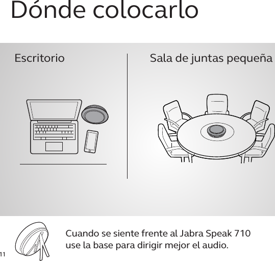 11Dónde colocarloEscritorio Sala de juntas pequeñaCuando se siente frente al Jabra Speak 710  use la base para dirigir mejor el audio.