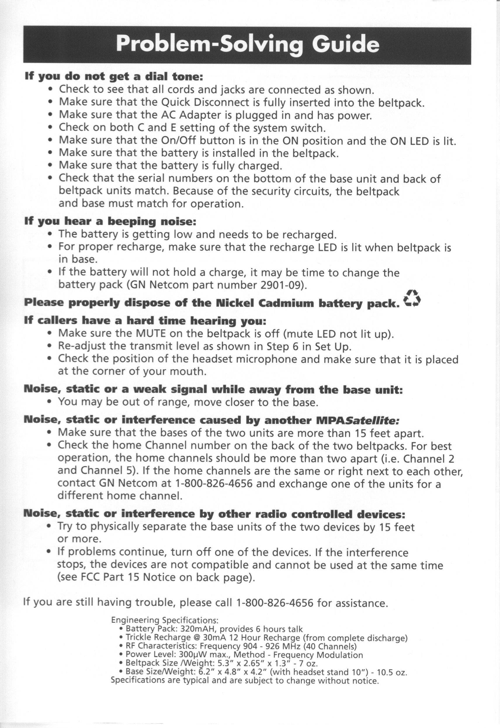 Wireless Telephone Headset Transceiver User Manual