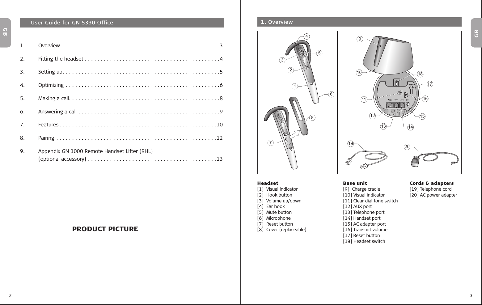 2 3    User Guide for GN 5330 Office  1. OverviewGBGBHeadset[1] Visual indicator [2]  Hook button[3] Volume up/down[4]  Ear hook[5] Mute button[6] Microphone[7]  Reset button[8] Cover (replaceable)Base unit[9]  Charge cradle[10] Visual indicator[11] Clear dial tone switch[12] AUX port[13] Telephone port[14] Handset port[15] AC adapter port[16] Transmit volume[17] Reset button[18] Headset switchCords &amp; adapters[19] Telephone cord[20] AC power adapter10919 201513121411 161718PRODUCT PICTURE1.  Overview  . . . . . . . . . . . . . . . . . . . . . . . . . . . . . . . . . . . . . . . . . . . . . . . . . .32.  Fitting the headset . . . . . . . . . . . . . . . . . . . . . . . . . . . . . . . . . . . . . . . . . . .43.  Setting up. . . . . . . . . . . . . . . . . . . . . . . . . . . . . . . . . . . . . . . . . . . . . . . . . .54.  Optimizing  . . . . . . . . . . . . . . . . . . . . . . . . . . . . . . . . . . . . . . . . . . . . . . . . .65.  Making a call. . . . . . . . . . . . . . . . . . . . . . . . . . . . . . . . . . . . . . . . . . . . . . . .86.  Answering a call  . . . . . . . . . . . . . . . . . . . . . . . . . . . . . . . . . . . . . . . . . . . . .97.  Features . . . . . . . . . . . . . . . . . . . . . . . . . . . . . . . . . . . . . . . . . . . . . . . . . .108.  Pairing  . . . . . . . . . . . . . . . . . . . . . . . . . . . . . . . . . . . . . . . . . . . . . . . . . . .129.  Appendix GN 1000 Remote Handset Lifter (RHL)  (optional accessory)  . . . . . . . . . . . . . . . . . . . . . . . . . . . . . . . . . . . . . . . . .1312354687