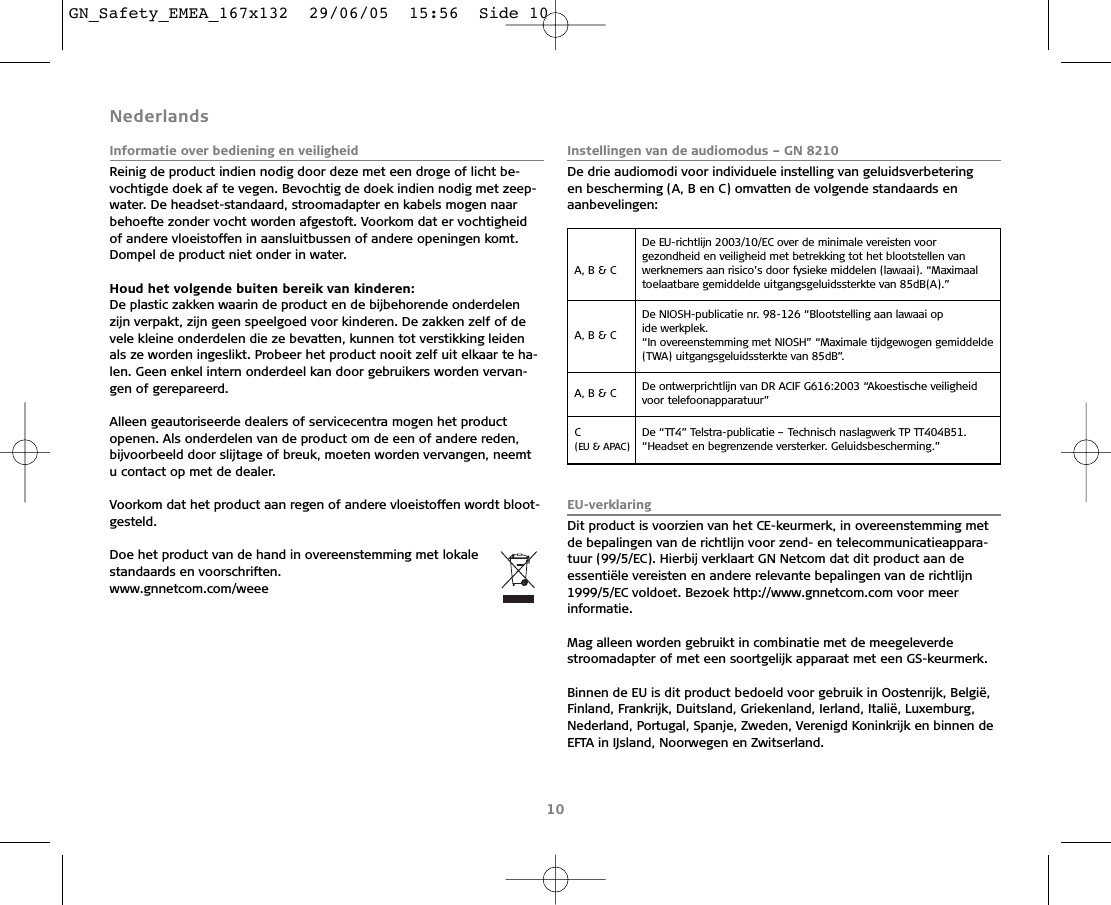 NederlandsInformatie over bediening en veiligheidReinig de product indien nodig door deze met een droge of licht be-vochtigde doek af te vegen. Bevochtig de doek indien nodig met zeep-water. De headset-standaard, stroomadapter en kabels mogen naar behoefte zonder vocht worden afgestoft. Voorkom dat er vochtigheid of andere vloeistoffen in aansluitbussen of andere openingen komt.Dompel de product niet onder in water.Houd het volgende buiten bereik van kinderen:De plastic zakken waarin de product en de bijbehorende onderdelenzijn verpakt, zijn geen speelgoed voor kinderen. De zakken zelf of devele kleine onderdelen die ze bevatten, kunnen tot verstikking leidenals ze worden ingeslikt. Probeer het product nooit zelf uit elkaar te ha-len. Geen enkel intern onderdeel kan door gebruikers worden vervan-gen of gerepareerd.Alleen geautoriseerde dealers of servicecentra mogen het product openen. Als onderdelen van de product om de een of andere reden, bijvoorbeeld door slijtage of breuk, moeten worden vervangen, neemt u contact op met de dealer. Voorkom dat het product aan regen of andere vloeistoffen wordt bloot-gesteld.Doe het product van de hand in overeenstemming met lokale standaards en voorschriften.www.gnnetcom.com/weee Instellingen van de audiomodus – GN 8210De drie audiomodi voor individuele instelling van geluidsverbetering en bescherming (A, B en C) omvatten de volgende standaards enaanbevelingen:EU-verklaringDit product is voorzien van het CE-keurmerk, in overeenstemming metde bepalingen van de richtlijn voor zend- en telecommunicatieappara-tuur (99/5/EC). Hierbij verklaart GN Netcom dat dit product aan de essentiële vereisten en andere relevante bepalingen van de richtlijn1999/5/EC voldoet. Bezoek http://www.gnnetcom.com voor meerinformatie.Mag alleen worden gebruikt in combinatie met de meegeleverdestroomadapter of met een soortgelijk apparaat met een GS-keurmerk.Binnen de EU is dit product bedoeld voor gebruik in Oostenrijk, België,Finland, Frankrijk, Duitsland, Griekenland, Ierland, Italië, Luxemburg,Nederland, Portugal, Spanje, Zweden, Verenigd Koninkrijk en binnen deEFTA in IJsland, Noorwegen en Zwitserland.10A, B &amp; C De EU-richtlijn 2003/10/EC over de minimale vereisten voor gezondheid en veiligheid met betrekking tot het blootstellen vanwerknemers aan risico’s door fysieke middelen (lawaai). “Maximaal toelaatbare gemiddelde uitgangsgeluidssterkte van 85dB(A).”A, B &amp; C De NIOSH-publicatie nr. 98-126 “Blootstelling aan lawaai op ide werkplek.“In overeenstemming met NIOSH” “Maximale tijdgewogen gemiddelde(TWA) uitgangsgeluidssterkte van 85dB”.A, B &amp; C  De ontwerprichtlijn van DR ACIF G616:2003 “Akoestische veiligheid voor telefoonapparatuur”C (EU &amp; APAC)De “TT4” Telstra-publicatie – Technisch naslagwerk TP TT404B51.“Headset en begrenzende versterker. Geluidsbescherming.”GN_Safety_EMEA_167x132  29/06/05  15:56  Side 10