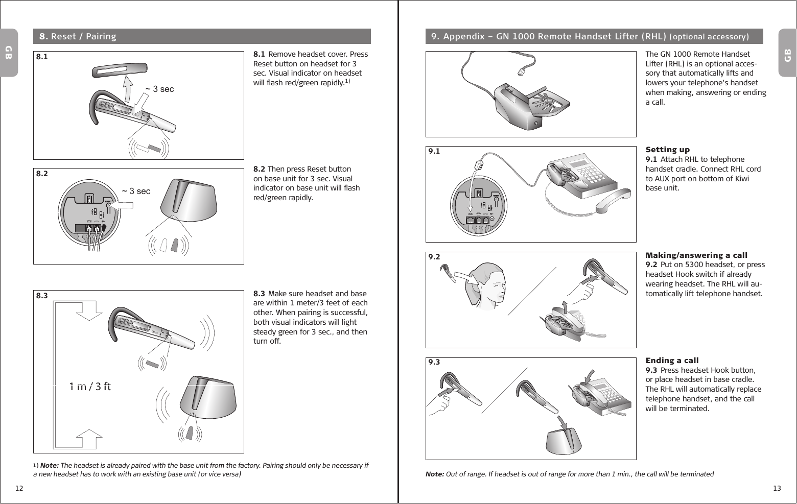 12 13GBGB 8. Reset / Pairing ~ 3 sec8.1~ 3 sec8.21 m / 3 ft8.38.1 Remove headset cover. Press Reset button on headset for 3 sec. Visual indicator on headset will ﬂ ash red/green rapidly.1)8.2 Then press Reset button on base unit for 3 sec. Visual indicator on base unit will ﬂ ash red/green rapidly.8.3 Make sure headset and base are within 1 meter/3 feet of each other. When pairing is successful, both visual indicators will light steady green for 3 sec., and then turn off.1) Note: The headset is already paired with the base unit from the factory. Pairing should only be necessary if a new headset has to work with an existing base unit (or vice versa)  9. Appendix – GN 1000 Remote Handset Lifter (RHL) (optional accessory)The GN 1000 Remote Handset Lifter (RHL) is an optional acces-sory that automatically lifts and lowers your telephone’s handset when making, answering or ending a call.Setting up9.1 Attach RHL to telephone handset cradle. Connect RHL cord to AUX port on bottom of Kiwi base unit.Making/answering a call9.2 Put on 5300 headset, or press headset Hook switch if already wearing headset. The RHL will au-tomatically lift telephone handset.Ending a call9.3 Press headset Hook button, or place headset in base cradle. The RHL will automatically replace telephone handset, and the call will be terminated.9.19.29.3Note: Out of range. If headset is out of range for more than 1 min., the call will be terminated