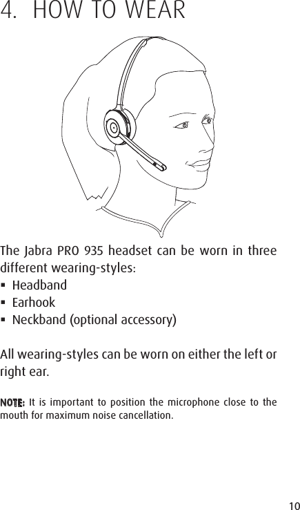 10ENGLISHJABRA SOLEMATE MINI4.  HOW TO WEARThe Jabra PRO 935 headset can be worn in three different wearing-styles: Headband Earhook Neckband (optional accessory)All wearing-styles can be worn on either the left or right ear.NOTE: It is important to position the microphone close to the mouth for maximum noise cancellation.