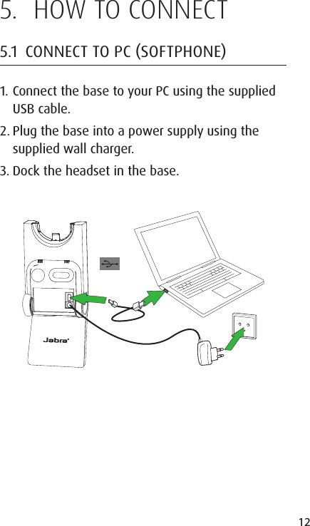 12ENGLISHJABRA SOLEMATE MINI5.  HOW TO CONNECT5.1  CONNECT TO PC SOFTPHONE1. Connect the base to your PC using the supplied USB cable.2. Plug the base into a power supply using the supplied wall charger.3. Dock the headset in the base.