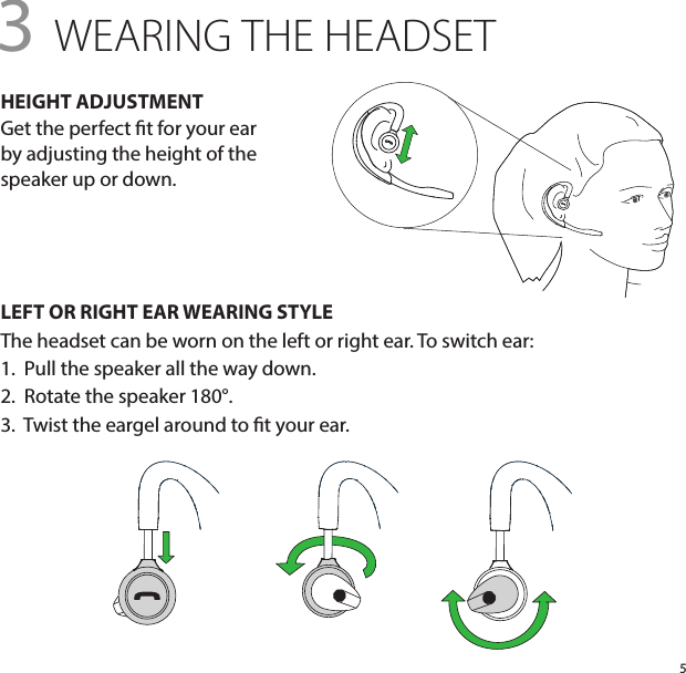 5HEIGHT ADJUSTMENTGet the perfect t for your ear  by adjusting the height of the  speaker up or down.LEFT OR RIGHT EAR WEARING STYLEThe headset can be worn on the left or right ear. To switch ear:1.  Pull the speaker all the way down.2.  Rotate the speaker 180°.3.  Twist the eargel around to t your ear.3 WEARING THE HEADSET