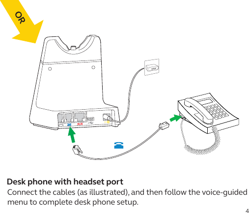4Connect the cables (as illustrated), and then follow the voice-guided menu to complete desk phone setup. Desk phone with headset port OROR
