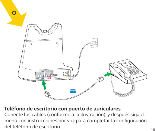 16Conecte los cables (conforme a la ilustración), y después siga el menú con instrucciones por voz para completar la conﬁguración del teléfono de escritorio. Teléfono de escritorio con puerto de auriculares Cables del teléfono de  escritorioO