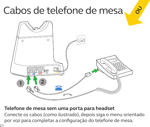 21Conecte os cabos (como ilustrado), depois siga o menu orientado por voz para completar a conﬁguração do telefone de mesa. Telefone de mesa sem uma porta para headset 12Cabos de telefone de mesaOU