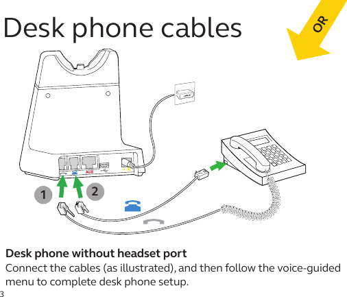 312Connect the cables (as illustrated), and then follow the voice-guided menu to complete desk phone setup. Desk phone cablesDesk phone without headset port OR
