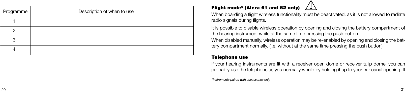  2021Programme Description of when to use1234Flight mode* (Alera 61 and 62 only)When boarding a ﬂight wireless functionality must be deactivated, as it is not allowed to radiate radio signals during ﬂights.It is possible to disable wireless operation by opening and closing the battery compartment of the hearing instrument while at the same time pressing the push button.When disabled manually, wireless operation may be re-enabled by opening and closing the bat-tery compartment normally, (i.e. without at the same time pressing the push button).Telephone useIf your hearing instruments are t with a receiver open dome or receiver tulip dome, you can probably use the telephone as you normally would by holding it up to your ear canal opening. If *Instruments paired with accessories only