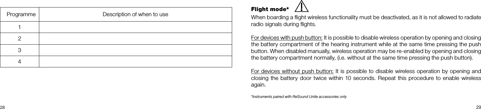  28 29Flight mode*When boarding a ﬂight wireless functionality must be deactivated, as it is not allowed to radiate radio signals during ﬂights.For devices with push button: It is possible to disable wireless operation by opening and closing the battery compartment of the hearing instrument while at the same time pressing the push button. When disabled manually, wireless operation may be re-enabled by opening and closing the battery compartment normally, (i.e. without at the same time pressing the push button). For devices without push button: It is possible to disable wireless operation by opening and closing the battery door twice within 10 seconds. Repeat this procedure to enable wireless again.*Instruments paired with ReSound Unite accessories only  Programme Description of when to use1234