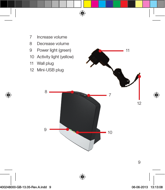 97  Increase volume8  Decrease volume9  Power light (green)10  Activity light (yellow)11  Wall plug12  Mini-USB plug711121089400248000-GB-13.05-Rev.A.indd   9 06-06-2013   13:13:08