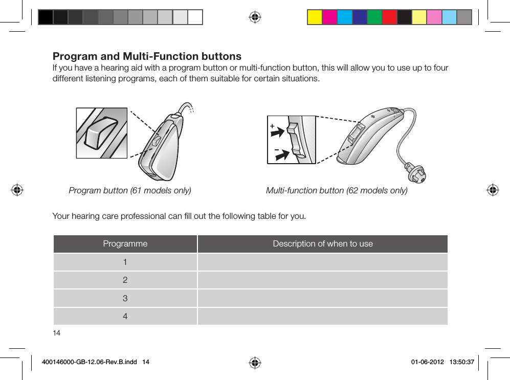 14Program and Multi-Function buttonsIf you have a hearing aid with a program button or multi-function button, this will allow you to use up to four different listening programs, each of them suitable for certain situations. Program button (61 models only) Multi-function button (62 models only)Your hearing care professional can ﬁll out the following table for you.Programme Description of when to use1234400146000-GB-12.06-Rev.B.indd   14 01-06-2012   13:50:37