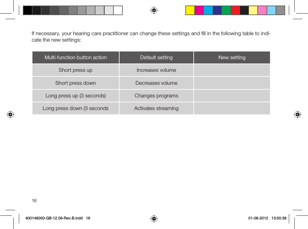 16If necessary, your hearing care practitioner can change these settings and ﬁll in the following table to indi-cate the new settings:Multi-function button action Default setting New settingShort press up Increases volumeShort press down Decreases volumeLong press up (3 seconds) Changes programsLong press down (3 seconds Activates streaming400146000-GB-12.06-Rev.B.indd   16 01-06-2012   13:50:38