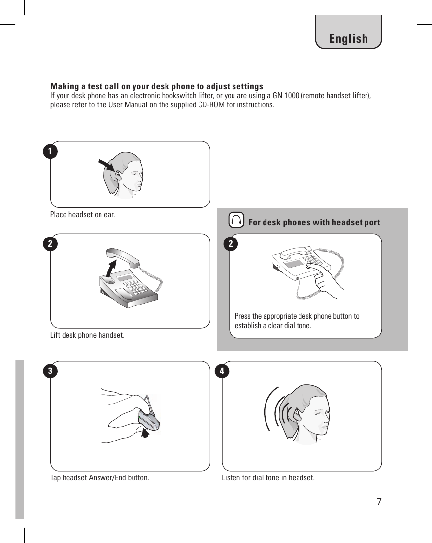 7Making a test call on your desk phone to adjust settingsIf your desk phone has an electronic hookswitch lifter, or you are using a GN 1000 (remote handset lifter), please refer to the User Manual on the supplied CD-ROM for instructions.Place headset on ear.1Press the appropriate desk phone button to establish a clear dial tone.2Lift desk phone handset.23For desk phones with headset portListen for dial tone in headset.Tap headset Answer/End button.4English