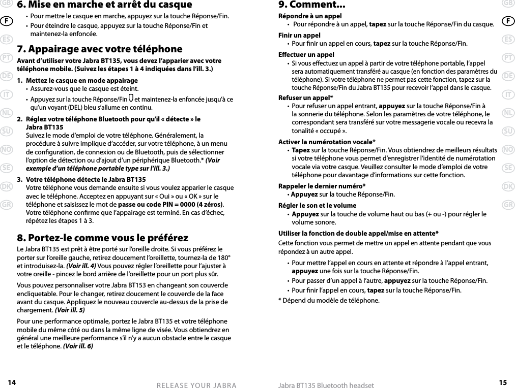 14GBFESPTDEITNLSUNOSEDKGRRELEASE YOUR JABRA15GBFESPTDEITNLSUNOSEDKGRJabra BT135 Bluetooth headset6. Mise en marche et arrêt du casque  •  Pour mettre le casque en marche, appuyez sur la touche Réponse/Fin.  •  Pour éteindre le casque, appuyez sur la touche Réponse/Fin et maintenez-la enfoncée.7. Appairage avec votre téléphoneAvant d’utiliser votre Jabra BT135, vous devez l’apparier avec votre téléphone mobile. (Suivez les étapes 1 à 4 indiquées dans l’ill. 3.)1.  Mettez le casque en mode appairage  •  Assurez-vous que le casque est éteint.  • Appuyez sur la touche Réponse/Fin  et maintenez-la enfoncée jusqu’à ce qu’un voyant (DEL) bleu s’allume en continu.2.  Réglez votre téléphone Bluetooth pour qu’il « détecte » le    Jabra BT135  Suivez le mode d’emploi de votre téléphone. Généralement, la procédure à suivre implique d’accéder, sur votre téléphone, à un menu de conguration, de connexion ou de Bluetooth, puis de sélectionner l’option de détection ou d’ajout d’un périphérique Bluetooth.* (Voir exemple d’un téléphone portable type sur l’ill. 3.)3.  Votre téléphone détecte le Jabra BT135  Votre téléphone vous demande ensuite si vous voulez apparier le casque avec le téléphone. Acceptez en appuyant sur « Oui » ou « OK » sur le téléphone et saisissez le mot de passe ou code PIN = 0000 (4 zéros). Votre téléphone conrme que l’appairage est terminé. En cas d’échec, répétez les étapes 1 à 3.8. Portez-le comme vous le préférezLe Jabra BT135 est prêt à être porté sur l’oreille droite. Si vous préférez le porter sur l’oreille gauche, retirez doucement l’oreillette, tournez-la de 180° et introduisez-la. (Voir ill. 4) Vous pouvez régler l’oreillette pour l’ajuster à votre oreille - pincez le bord arrière de l’oreillette pour un port plus sûr.Vous pouvez personnaliser votre Jabra BT153 en changeant son couvercle encliquetable. Pour le changer, retirez doucement le couvercle de la face avant du casque. Appliquez le nouveau couvercle au-dessus de la prise de chargement. (Voir ill. 5)Pour une performance optimale, portez le Jabra BT135 et votre téléphone mobile du même côté ou dans la même ligne de visée. Vous obtiendrez en général une meilleure performance s’il n’y a aucun obstacle entre le casque et le téléphone. (Voir ill. 6)9. Comment...Répondre à un appel  •   Pour répondre à un appel, tapez sur la touche Réponse/Fin du casque.Finir un appel  •  Pour nir un appel en cours, tapez sur la touche Réponse/Fin.Eectuer un appel  • Si vous eectuez un appel à partir de votre téléphone portable, l’appel sera automatiquement transféré au casque (en fonction des paramètres du téléphone). Si votre téléphone ne permet pas cette fonction, tapez sur la touche Réponse/Fin du Jabra BT135 pour recevoir l’appel dans le casque.Refuser un appel*  •  Pour refuser un appel entrant, appuyez sur la touche Réponse/Fin à la sonnerie du téléphone. Selon les paramètres de votre téléphone, le correspondant sera transféré sur votre messagerie vocale ou recevra la tonalité « occupé ».Activer la numérotation vocale*  •  Tapez sur la touche Réponse/Fin. Vous obtiendrez de meilleurs résultats si votre téléphone vous permet d’enregistrer l’identité de numérotation vocale via votre casque. Veuillez consulter le mode d’emploi de votre téléphone pour davantage d’informations sur cette fonction.Rappeler le dernier numéro*  • Appuyez sur la touche Réponse/Fin.Régler le son et le volume  •  Appuyez sur la touche de volume haut ou bas (+ ou -) pour régler le volume sonore.Utiliser la fonction de double appel/mise en attente*Cette fonction vous permet de mettre un appel en attente pendant que vous répondez à un autre appel.  •  Pour mettre l’appel en cours en attente et répondre à l’appel entrant, appuyez une fois sur la touche Réponse/Fin.  •  Pour passer d’un appel à l’autre, appuyez sur la touche Réponse/Fin.  •  Pour nir l’appel en cours, tapez sur la touche Réponse/Fin.* Dépend du modèle de téléphone.