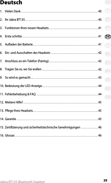39GBFESPTDEITNLSUNOSEDKGRJabra BT135 Bluetooth headsetDeutsch1.  Vielen Dank ...........................................................40 2.  Ihr Jabra BT135 ........................................................403.  Funktionen Ihres neuen Headsets ......................................414.  Erste schritte ..........................................................415.  Aufladen der Batterie ..................................................416.  Ein- und Ausschalten des Headsets ....................................427.  Anschluss an ein Telefon (Pairing). . . . . . . . . . . . . . . . . . . . . . . . . . . . . . . . . . . . . . 428.  Tragen Sie es, wo Sie wollen ...........................................429.  So wird es gemacht …  ................................................4310. Bedeutung der LED-Anzeige ...........................................4411. Fehlerbehebung &amp; FAQ  ...............................................4412. Weitere Hilfe? .........................................................4513. Pflege Ihres Headsets ..................................................4514. Garantie ..............................................................4515. Zertifizierung und sicherheitstechnische Genehmigungen  .............4616. Glossar ................................................................46