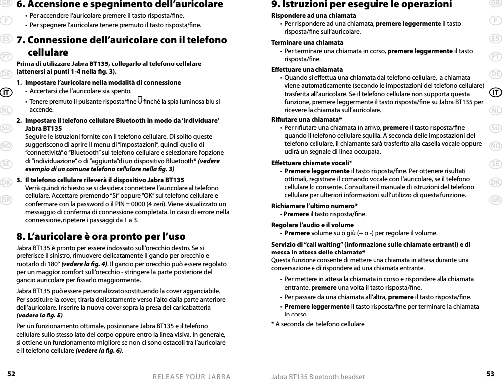 52GBFESPTDEITNLSUNOSEDKGRRELEASE YOUR JABRA53GBFESPTDEITNLSUNOSEDKGRJabra BT135 Bluetooth headset6. Accensione e spegnimento dell’auricolare  •  Per accendere l’auricolare premere il tasto risposta/ne.  •  Per spegnere l’auricolare tenere premuto il tasto risposta/ne.7. Connessione dell’auricolare con il telefono    cellularePrima di utilizzare Jabra BT135, collegarlo al telefono cellulare (attenersi ai punti 1-4 nella g. 3).1.  Impostare l’auricolare nella modalità di connessione  •  Accertarsi che l’auricolare sia spento.  • Tenere premuto il pulsante risposta/ne  nché la spia luminosa blu si accende.2.  Impostare il telefono cellulare Bluetooth in modo da ‘individuare’    Jabra BT135  Seguire le istruzioni fornite con il telefono cellulare. Di solito queste suggeriscono di aprire il menu di “impostazioni”, quindi quello di “connettività” o “Bluetooth” sul telefono cellulare e selezionare l’opzione di “individuazione” o di “aggiunta”di un dispositivo Bluetooth* (vedere esempio di un comune telefono cellulare nella g. 3)3.  Il telefono cellulare rileverà il dispositivo Jabra BT135  Verrà quindi richiesto se si desidera connettere l’auricolare al telefono cellulare. Accettare premendo “Sì” oppure “OK” sul telefono cellulare e confermare con la password o il PIN = 0000 (4 zeri). Viene visualizzato un messaggio di conferma di connessione completata. In caso di errore nella connessione, ripetere i passaggi da 1 a 3.8. L’auricolare è ora pronto per l’usoJabra BT135 è pronto per essere indossato sull’orecchio destro. Se si preferisce il sinistro, rimuovere delicatamente il gancio per orecchio e ruotarlo di 180° (vedere la g. 4). Il gancio per orecchio può essere regolato per un maggior comfort sull’orecchio - stringere la parte posteriore del gancio auricolare per ssarlo maggiormente.Jabra BT135 può essere personalizzato sostituendo la cover agganciabile. Per sostituire la cover, tirarla delicatamente verso l’alto dalla parte anteriore dell’auricolare. Inserire la nuova cover sopra la presa del caricabatteria (vedere la g. 5).Per un funzionamento ottimale, posizionare Jabra BT135 e il telefono cellulare sullo stesso lato del corpo oppure entro la linea visiva. In generale, si ottiene un funzionamento migliore se non ci sono ostacoli tra l’auricolare e il telefono cellulare (vedere la g. 6).9. Istruzioni per eseguire le operazioniRispondere ad una chiamata  •  Per rispondere ad una chiamata, premere leggermente il tasto risposta/ne sull’auricolare.Terminare una chiamata  •  Per terminare una chiamata in corso, premere leggermente il tasto risposta/ne.Eettuare una chiamata  •  Quando si eettua una chiamata dal telefono cellulare, la chiamata viene automaticamente (secondo le impostazioni del telefono cellulare) trasferita all’auricolare. Se il telefono cellulare non supporta questa funzione, premere leggermente il tasto risposta/ne su Jabra BT135 per ricevere la chiamata sull’auricolare.Riutare una chiamata*  •  Per riutare una chiamata in arrivo, premere il tasto risposta/ne quando il telefono cellulare squilla. A seconda delle impostazioni del telefono cellulare, il chiamante sarà trasferito alla casella vocale oppure udirà un segnale di linea occupata.Eettuare chiamate vocali*  •  Premere leggermente il tasto risposta/ne. Per ottenere risultati ottimali, registrare il comando vocale con l’auricolare, se il telefono cellulare lo consente. Consultare il manuale di istruzioni del telefono cellulare per ulteriori informazioni sull’utilizzo di questa funzione.Richiamare l’ultimo numero*  • Premere il tasto risposta/ne.Regolare l’audio e il volume  •  Premere volume su o giù (+ o -) per regolare il volume.Servizio di “call waiting” (informazione sulle chiamate entranti) e di messa in attesa delle chiamate*Questa funzione consente di mettere una chiamata in attesa durante una conversazione e di rispondere ad una chiamata entrante.  •  Per mettere in attesa la chiamata in corso e rispondere alla chiamata entrante, premere una volta il tasto risposta/ne.  •  Per passare da una chiamata all’altra, premere il tasto risposta/ne.  •  Premere leggermente il tasto risposta/ne per terminare la chiamata in corso.* A seconda del telefono cellulare