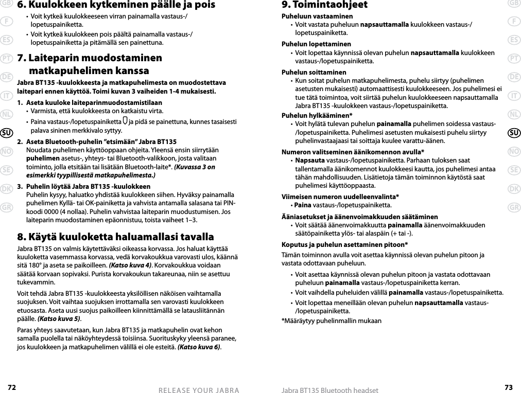 72GBFESPTDEITNLSUNOSEDKGRRELEASE YOUR JABRA73GBFESPTDEITNLSUNOSEDKGRJabra BT135 Bluetooth headset6. Kuulokkeen kytkeminen päälle ja pois  •  Voit kytkeä kuulokkeeseen virran painamalla vastaus-/lopetuspainiketta.  •  Voit kytkeä kuulokkeen pois päältä painamalla vastaus-/lopetuspainiketta ja pitämällä sen painettuna.7. Laiteparin muodostaminen    matkapuhelimen kanssaJabra BT135 -kuulokkeesta ja matkapuhelimesta on muodostettava laitepari ennen käyttöä. Toimi kuvan 3 vaiheiden 1-4 mukaisesti.1.  Aseta kuuloke laiteparinmuodostamistilaan  •  Varmista, että kuulokkeesta on katkaistu virta.  • Paina vastaus-/lopetuspainiketta  ja pidä se painettuna, kunnes tasaisesti palava sininen merkkivalo syttyy.2.  Aseta Bluetooth-puhelin ”etsimään” Jabra BT135  Noudata puhelimen käyttöoppaan ohjeita. Yleensä ensin siirrytään puhelimen asetus-, yhteys- tai Bluetooth-valikkoon, josta valitaan toiminto, jolla etsitään tai lisätään Bluetooth-laite*. (Kuvassa 3 on esimerkki tyypillisestä matkapuhelimesta.)3.  Puhelin löytää Jabra BT135 -kuulokkeen  Puhelin kysyy, haluatko yhdistää kuulokkeen siihen. Hyväksy painamalla puhelimen Kyllä- tai OK-painiketta ja vahvista antamalla salasana tai PIN-koodi 0000 (4 nollaa). Puhelin vahvistaa laiteparin muodustumisen. Jos laiteparin muodostaminen epäonnistuu, toista vaiheet 1–3.8. Käytä kuuloketta haluamallasi tavallaJabra BT135 on valmis käytettäväksi oikeassa korvassa. Jos haluat käyttää kuuloketta vasemmassa korvassa, vedä korvakoukkua varovasti ulos, käännä sitä 180° ja aseta se paikoilleen. (Katso kuva 4). Korvakoukkua voidaan säätää korvaan sopivaksi. Purista korvakoukun takareunaa, niin se asettuu tukevammin.Voit tehdä Jabra BT135 -kuulokkeesta yksilöllisen näköisen vaihtamalla suojuksen. Voit vaihtaa suojuksen irrottamalla sen varovasti kuulokkeen etuosasta. Aseta uusi suojus paikoilleen kiinnittämällä se latausliitännän päälle. (Katso kuva 5).Paras yhteys saavutetaan, kun Jabra BT135 ja matkapuhelin ovat kehon samalla puolella tai näköyhteydessä toisiinsa. Suorituskyky yleensä paranee, jos kuulokkeen ja matkapuhelimen välillä ei ole esteitä. (Katso kuva 6).9. ToimintaohjeetPuheluun vastaaminen  •  Voit vastata puheluun napsauttamalla kuulokkeen vastaus-/lopetuspainiketta.Puhelun lopettaminen  •  Voit lopettaa käynnissä olevan puhelun napsauttamalla kuulokkeen vastaus-/lopetuspainiketta.Puhelun soittaminen  •  Kun soitat puhelun matkapuhelimesta, puhelu siirtyy (puhelimen asetusten mukaisesti) automaattisesti kuulokkeeseen. Jos puhelimesi ei tue tätä toimintoa, voit siirtää puhelun kuulokkeeseen napsauttamalla Jabra BT135 -kuulokkeen vastaus-/lopetuspainiketta.Puhelun hylkääminen*  •  Voit hylätä tulevan puhelun painamalla puhelimen soidessa vastaus-/lopetuspainiketta. Puhelimesi asetusten mukaisesti puhelu siirtyy puhelinvastaajaasi tai soittaja kuulee varattu-äänen.Numeron valitseminen äänikomennon avulla*  •  Napsauta vastaus-/lopetuspainiketta. Parhaan tuloksen saat tallentamalla äänikomennot kuulokkeesi kautta, jos puhelimesi antaa tähän mahdollisuuden. Lisätietoja tämän toiminnon käytöstä saat puhelimesi käyttöoppaasta.Viimeisen numeron uudelleenvalinta*  • Paina vastaus-/lopetuspainiketta.Ääniasetukset ja äänenvoimakkuuden säätäminen  •  Voit säätää äänenvoimakkuutta painamalla äänenvoimakkuuden säätöpainiketta ylös- tai alaspäin (+ tai -).Koputus ja puhelun asettaminen pitoon*Tämän toiminnon avulla voit asettaa käynnissä olevan puhelun pitoon ja vastata odottavaan puheluun.  •  Voit asettaa käynnissä olevan puhelun pitoon ja vastata odottavaan puheluun painamalla vastaus-/lopetuspainiketta kerran.  •  Voit vaihdella puheluiden välillä painamalla vastaus-/lopetuspainiketta.  •  Voit lopettaa meneillään olevan puhelun napsauttamalla vastaus-/lopetuspainiketta.*Määräytyy puhelinmallin mukaan
