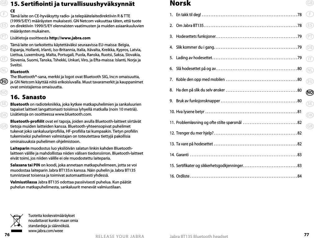 76GBFESPTDEITNLSUNOSEDKGRRELEASE YOUR JABRA 77GBFESPTDEITNLSUNOSEDKGRJabra BT135 Bluetooth headsetTuotetta koskevatmääräykset noudattavat kunkin maan omia standardeja ja säännöksiä.www.jabra.com/weee15. Sertiointi ja turvallisuushyväksynnätCETämä laite on CE-hyväksytty radio- ja telepäätelaitedirektiivin R &amp; TTE (1999/5/EY) määräysten mukaisesti. GN Netcom vakuuttaa täten, että tuote on direktiivin 1999/5/EY olennaisten vaatimusten ja muiden asiaankuuluvien määräysten mukainen.Lisätietoja osoitteesta http://www.jabra.comTämä laite on tarkoitettu käytettäväksi seuraavissa EU-maissa: Belgia, Espanja, Hollanti, Irlanti, Iso-Britannia, Italia, Itävalta, Kreikka, Kypros, Latvia, Liettua, Luxemburg, Malta, Portugali, Puola, Ranska, Ruotsi, Saksa, Slovakia, Slovenia, Suomi, Tanska, Tshekki, Unkari, Viro, ja Efta-maissa: Islanti, Norja ja Sveitsi.  BluetoothThe Bluetooth®-sana, merkki ja logot ovat Bluetooth SIG, Inc:n omaisuutta, ja GN Netcom käyttää niitä erikoisluvalla. Muut tavaramerkit ja kauppanimet ovat omistajiensa omaisuutta.16.  SanastoBluetooth on radiotekniikka, joka kytkee matkapuhelimien ja sankaluurien tapaiset laitteet langattomasti toisiinsa lyhyellä matkalla (noin 10 metriä). Lisätietoja on osoitteessa www.bluetooth.com.Bluetooth-proilit ovat eri tapoja, joiden avulla Bluetooth-laitteet siirtävät tietoja muiden laitteiden kanssa. Bluetooth-yhteensopivat puhelimet tukevat joko sankaluuriproilia, HF-proilia tai kumpaakin. Tietyn proilin tukemiseksi puhelimen valmistajan on toteutettava tiettyjä pakollisia ominaisuuksia puhelimen ohjelmistoon. Laiteparin muodostus luo yksilöivän salatun linkin kahden Bluetooth-laitteen välille ja mahdollistaa niiden välisen tiedonsiirron. Bluetooth-laitteet eivät toimi, jos niiden välille ei ole muodostettu laiteparia.Salasana tai PIN on koodi, joka annetaan matkapuhelimeen, jotta se voi muodostaa laiteparin Jabra BT135:n kanssa. Näin puhelin ja Jabra BT135 tunnistavat toisensa ja toimivat automaattisesti yhdessä.Valmiustilassa Jabra BT135 odottaa passiivisesti puhelua. Kun päätät puhelun matkapuhelimesta, sankaluurit menevät valmiustilaan.Norsk1.  En takk til deg! ........................................................78 2.  Om Jabra BT135 .......................................................783.  Hodesettets funksjoner ................................................794.  Slik kommer du i gang .................................................795.  Lading av hodesettet ..................................................796.  Slå hodesettet på og av. . . . . . . . . . . . . . . . . . . . . . . . . . . . . . . . . . . . . . . . . . . . . . . . 807.  Koble den opp med mobilen ..........................................808.  Ha den på slik du selv ønsker ..........................................809.  Bruk av funksjonsknapper .............................................8010. Hva lysene betyr ......................................................8111. Problemløsning og ofte stilte spørsmål  ................................8212. Trenger du mer hjelp? .................................................8213. Ta vare på hodesettet .................................................8214. Garanti  ...............................................................8315. Sertifikater og sikkerhetsgodkjenninger ................................8316. Ordliste ...............................................................84