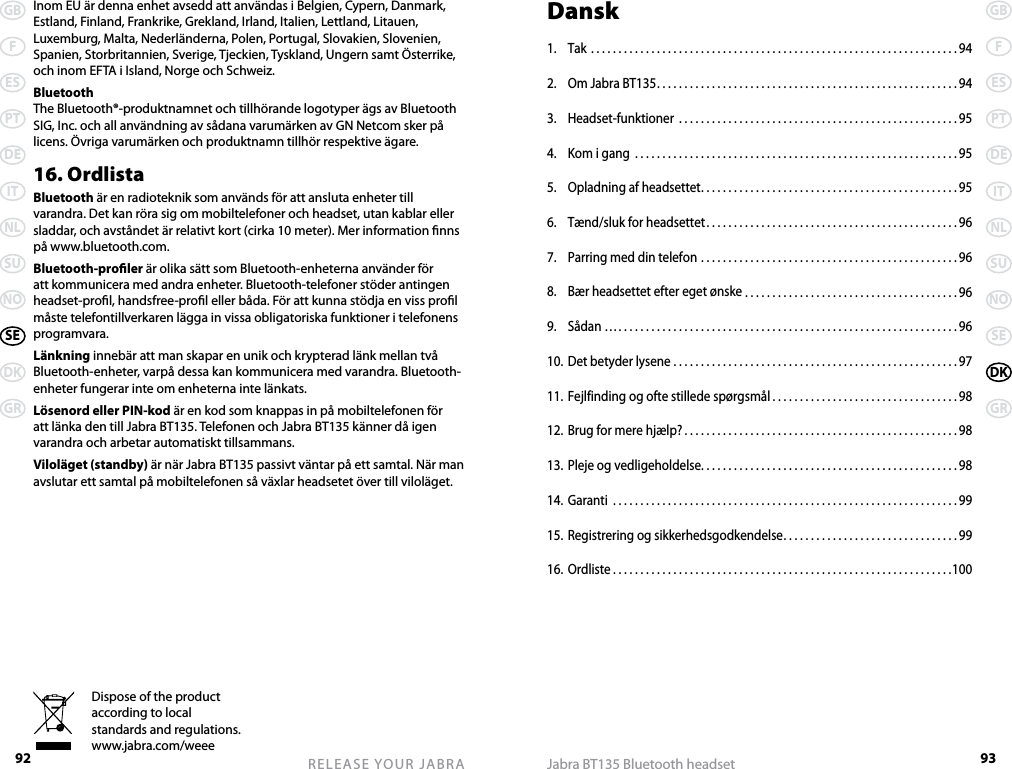 92GBFESPTDEITNLSUNOSEDKGRRELEASE YOUR JABRA 93GBFESPTDEITNLSUNOSEDKGRJabra BT135 Bluetooth headsetDispose of the product according to local standards and regulations. www.jabra.com/weeeInom EU är denna enhet avsedd att användas i Belgien, Cypern, Danmark, Estland, Finland, Frankrike, Grekland, Irland, Italien, Lettland, Litauen, Luxemburg, Malta, Nederländerna, Polen, Portugal, Slovakien, Slovenien, Spanien, Storbritannien, Sverige, Tjeckien, Tyskland, Ungern samt Österrike, och inom EFTA i Island, Norge och Schweiz.BluetoothThe Bluetooth®-produktnamnet och tillhörande logotyper ägs av Bluetooth SIG, Inc. och all användning av sådana varumärken av GN Netcom sker på licens. Övriga varumärken och produktnamn tillhör respektive ägare.16. OrdlistaBluetooth är en radioteknik som används för att ansluta enheter till varandra. Det kan röra sig om mobiltelefoner och headset, utan kablar eller sladdar, och avståndet är relativt kort (cirka 10 meter). Mer information nns på www.bluetooth.com.Bluetooth-proler är olika sätt som Bluetooth-enheterna använder för att kommunicera med andra enheter. Bluetooth-telefoner stöder antingen headset-prol, handsfree-prol eller båda. För att kunna stödja en viss prol måste telefontillverkaren lägga in vissa obligatoriska funktioner i telefonens programvara. Länkning innebär att man skapar en unik och krypterad länk mellan två Bluetooth-enheter, varpå dessa kan kommunicera med varandra. Bluetooth-enheter fungerar inte om enheterna inte länkats.Lösenord eller PIN-kod är en kod som knappas in på mobiltelefonen för att länka den till Jabra BT135. Telefonen och Jabra BT135 känner då igen varandra och arbetar automatiskt tillsammans.Viloläget (standby) är när Jabra BT135 passivt väntar på ett samtal. När man avslutar ett samtal på mobiltelefonen så växlar headsetet över till viloläget.Dansk1.  Tak ...................................................................94 2.  Om Jabra BT135 .......................................................943.  Headset-funktioner  ...................................................954.  Kom i gang  ...........................................................955.  Opladning af headsettet ...............................................956.  Tænd/sluk for headsettet ..............................................967.  Parring med din telefon ...............................................968.  Bær headsettet efter eget ønske .......................................969.  Sådan … ..............................................................9610. Det betyder lysene ....................................................9711. Fejlfinding og ofte stillede spørgsmål ..................................9812. Brug for mere hjælp? ..................................................9813. Pleje og vedligeholdelse. . . . . . . . . . . . . . . . . . . . . . . . . . . . . . . . . . . . . . . . . . . . . . . 9814. Garanti  ...............................................................9915. Registrering og sikkerhedsgodkendelse ................................9916. Ordliste ..............................................................100