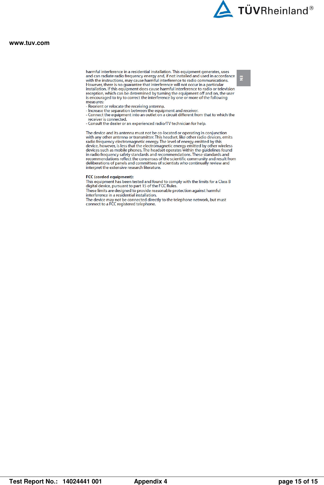 www.tuv.com   Test Report No.:  14024441 001  Appendix 4  page 15 of 15  