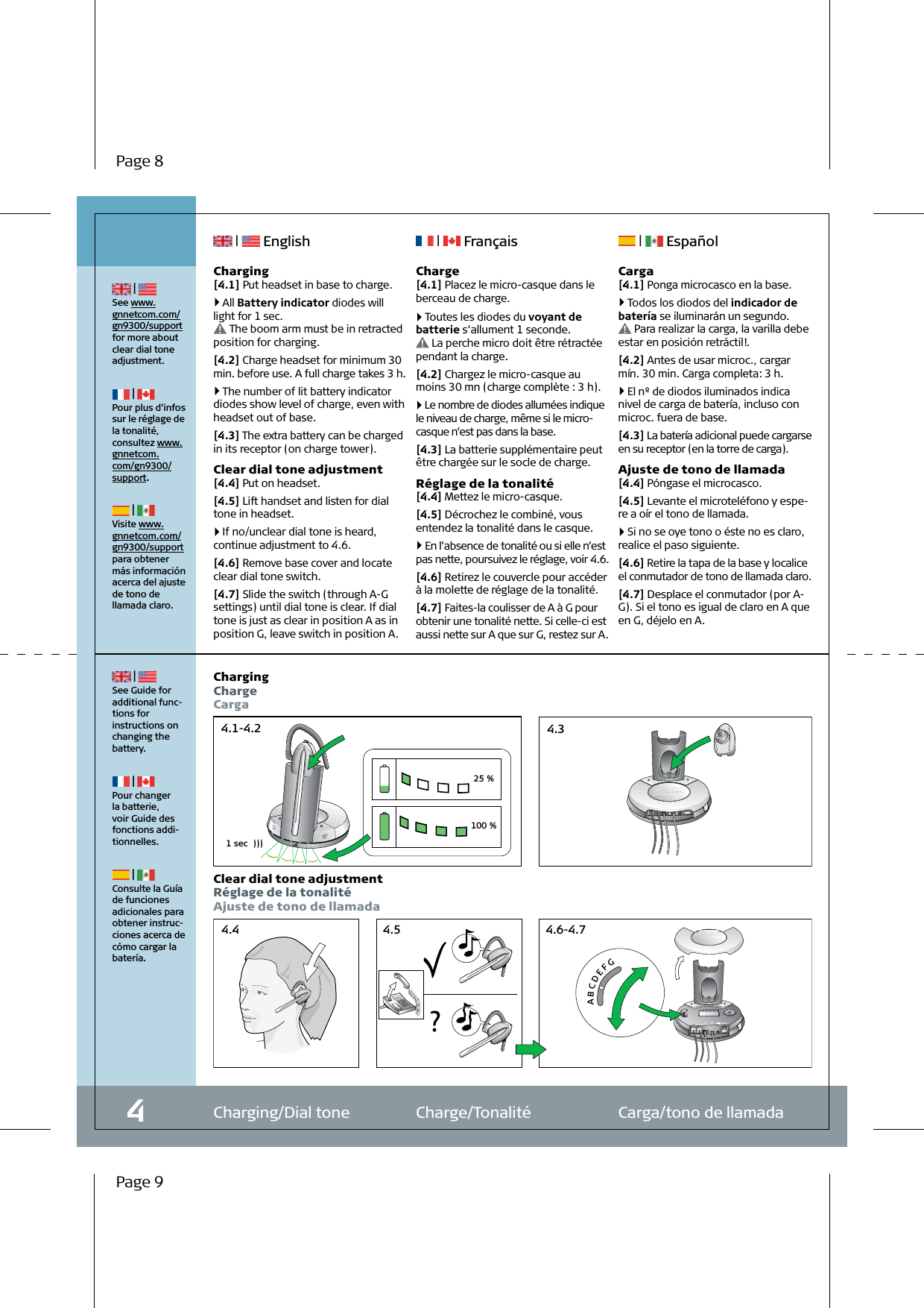 1 sec  ))) 25 % 100 % A  B  C  D  E  F  G4.1-4.2 4.34.4 4.5 4.6-4.7Charging/Dial tone  Charge/Tonalité  Carga/tono de llamada4 | See www.gnnetcom.com/gn9300/support for more about clear dial tone adjustment. | Pour plus d’infos sur le réglage de la tonalité, consultez www.gnnetcom.com/gn9300/support. | Visite www.gnnetcom.com/gn9300/support para obtener más información acerca del ajuste de tono de llamada claro. | See Guide for additional func-tions for  instructions on changing the battery. | Pour changer la batterie, voir Guide des fonctions addi-tionnelles. | Consulte la Guía de funciones adicionales para obtener instruc-ciones acerca de cómo cargar la batería.ChargingChargeCargaClear dial tone adjustmentRéglage de la tonalitéAjuste de tono de llamada |   English  |   Français  |   EspañolCharge[4.1] Placez le micro-casque dans le berceau de charge. 4   Toutes les diodes du voyant de batterie s’allument 1 seconde. La perche micro doit être rétractée pendant la charge.[4.2] Chargez le micro-casque au moins 30 mn (charge complète : 3 h). 4   Le nombre de diodes allumées indique le niveau de charge, même si le micro-casque n’est pas dans la base.[4.3] La batterie supplémentaire peut être chargée sur le socle de charge.Réglage de la tonalité[4.4] Mettez le micro-casque.[4.5] Décrochez le combiné, vous entendez la tonalité dans le casque. 4   En l’absence de tonalité ou si elle n’est pas nette, poursuivez le réglage, voir 4.6.[4.6] Retirez le couvercle pour accéder à la molette de réglage de la tonalité.[4.7] Faites-la coulisser de A à G pour obtenir une tonalité nette. Si celle-ci est aussi nette sur A que sur G, restez sur A.Charging[4.1] Put headset in base to charge.  4   All Battery indicator diodes will light for 1 sec. The boom arm must be in retracted position for charging.[4.2] Charge headset for minimum 30 min. before use. A full charge takes 3 h. 4   The number of lit battery indicator diodes show level of charge, even with headset out of base.[4.3] The extra battery can be charged in its receptor (on charge tower).Clear dial tone adjustment [4.4] Put on headset.[4.5] Lift handset and listen for dial tone in headset.  4   If no/unclear dial tone is heard, continue adjustment to 4.6.[4.6] Remove base cover and locate clear dial tone switch.[4.7] Slide the switch (through A-G settings) until dial tone is clear. If dial tone is just as clear in position A as in position G, leave switch in position A.Carga[4.1] Ponga microcasco en la base. 4   Todos los diodos del indicador de batería se iluminarán un segundo. Para realizar la carga, la varilla debe estar en posición retráctil!.[4.2] Antes de usar microc., cargar mín. 30 min. Carga completa: 3 h. 4   El nº de diodos iluminados indica nivel de carga de batería, incluso con microc. fuera de base.[4.3] La batería adicional puede cargarse en su receptor (en la torre de carga).Ajuste de tono de llamada[4.4] Póngase el microcasco.[4.5] Levante el microteléfono y espe-re a oír el tono de llamada. 4   Si no se oye tono o éste no es claro, realice el paso siguiente.[4.6] Retire la tapa de la base y localice el conmutador de tono de llamada claro.[4.7] Desplace el conmutador (por A-G). Si el tono es igual de claro en A que en G, déjelo en A.Page 8Page 9