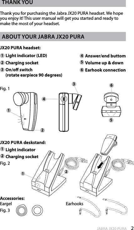 2enGlishJABRA JX20 PURAthank youThank you for purchasing the Jabra JX20 PURA headset. We hope you enjoy it! This user manual will get you started and ready to make the most of your headset.about your Jabra JX20 PuraJX20 PURA headset:1 Light indicator (LED)2 Charging socket3  On/o switch  (rotate earpiece 90 degrees)Fig. 1JX20 PURA deskstand:1 Light indicator2 Charging socketFig. 2Eargel  EarhooksFig. 3134262Accessories:514 Answer/end buttom 5 Volume up &amp; down 6 Earhook connection