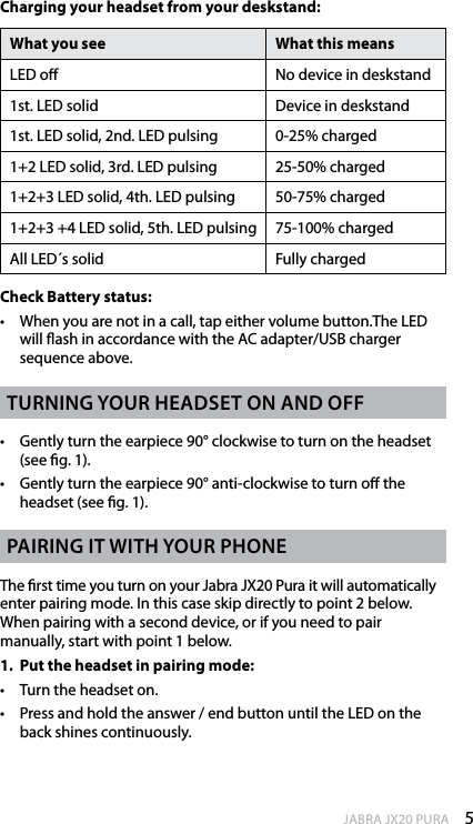 5enGlishJABRA JX20 PURACharging your headset from your deskstand:What you see What this meansLED o No device in deskstand1st. LED solid Device in deskstand1st. LED solid, 2nd. LED pulsing 0-25% charged1+2 LED solid, 3rd. LED pulsing 25-50% charged1+2+3 LED solid, 4th. LED pulsing 50-75% charged1+2+3 +4 LED solid, 5th. LED pulsing 75-100% chargedAll LED´s solid Fully chargedCheck Battery status:•  When you are not in a call, tap either volume button.The LED will ash in accordance with the AC adapter/USB charger sequence above.turninG your headset on and off•  Gently turn the earpiece 90° clockwise to turn on the headset (see g. 1).•  Gently turn the earpiece 90° anti-clockwise to turn o the headset (see g. 1).PairinG it With your PhoneThe rst time you turn on your Jabra JX20 Pura it will automatically enter pairing mode. In this case skip directly to point 2 below. When pairing with a second device, or if you need to pair manually, start with point 1 below.1.  Put the headset in pairing mode: •   Turn the headset on.•   Press and hold the answer / end button until the LED on the back shines continuously.