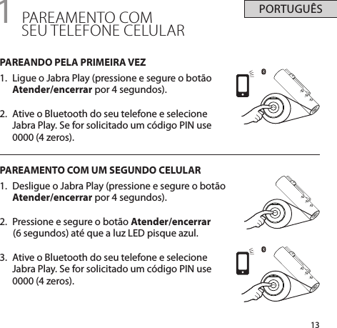 13PORTUGUÊS+-+-+-1 PAREAMENTO COM  SEU TELEFONE CELULARPAREANDO PELA PRIMEIRA VEZ1.  Ligue o Jabra Play (pressione e segure o botão Atender/encerrar por 4 segundos).2.  Ative o Bluetooth do seu telefone e selecione Jabra Play. Se for solicitado um código PIN use 0000 (4 zeros).PAREAMENTO COM UM SEGUNDO CELULAR1.  Desligue o Jabra Play (pressione e segure o botão Atender/encerrar por 4 segundos).2.  Pressione e segure o botão Atender/encerrar       (6 segundos) até que a luz LED pisque azul.3.  Ative o Bluetooth do seu telefone e selecione Jabra Play. Se for solicitado um código PIN use 0000 (4 zeros).