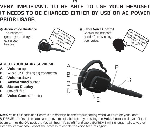 ABCDEFGENVERY IMPORTANT: TO BE ABLE TO USE YOUR HEADSET IT NEEDS TO BE CHARGED EITHER BY USB OR AC POWER PRIOR USAGE.ABOUT YOUR JABRA SUPREMEA. Volume upB.  Micro USB charging connectorC. Volume downD. Answer/end buttonE.  Status DisplayF.  On/off flipG.  Voice Control buttonNote. Voice Guidance and Controls are enabled as the default setting when you turn on your Jabra SUPREME the first time. You can at any time disable both by pressing the Voice button while you flip the boom arm to the ON position. You will hear ”Voice off” and Jabra SUPREME will no longer talk to you or listen for commands. Repeat the process to enable the voice features again.Jabra Voice GuidanceThe headset guides you through using your headset.When receiving a call, Jabra SUPREME announces the name of the callerJabra Voice ControlControl the headset hands-free by using your voice.You accept an incoming call by saying “Answer” and reject by saying “Ignore”