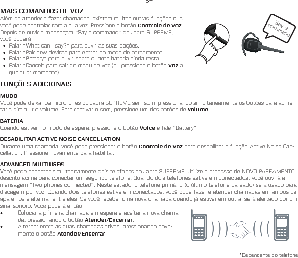 PT• Pressionar o botão Atender/Encerrar uma vez para encerrar a primeira chamada e pressionar novamente para aceitar a nova chamada.BAIXE ATUALIZAÇÕES DO FIRMWARE E IDIOMAS ADICIONAISAcesse jabra.com/SUPREME para baixar o firmware mais recente e idiomas adicionais.